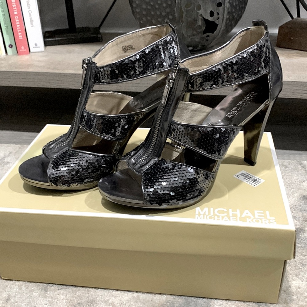 Michael Kors Berkley T-Strap Sequins Heels. Gunmetal. Size 7.5. Worn Once.